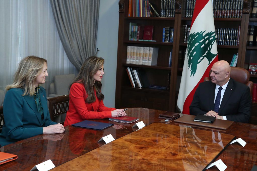 Lebanese President Joseph Aoun (R) meets with U.S. President Donald Trump's Deputy Special Representative for the Middle East, Morgan Ortagus (2nd L) at the Baabda Palace in Beirut, Lebanon, on February 07, 2025. (Photo by Lebanese Presidency / Handout/Anadolu via Getty Images) - Morgan Ortagus Gallery Image