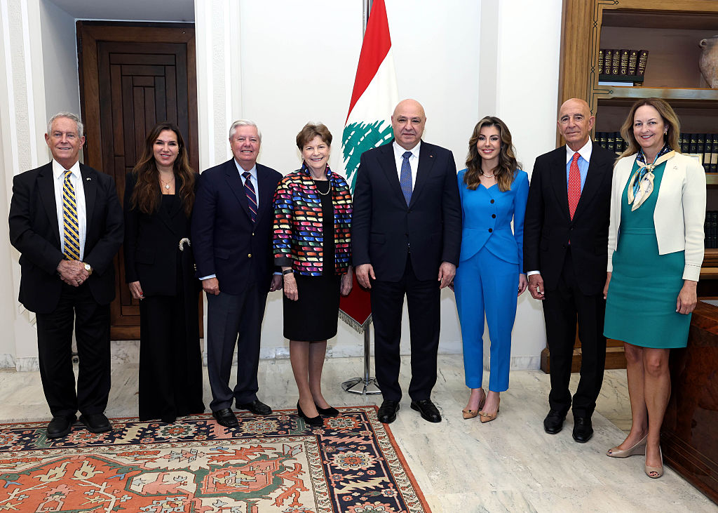 US ambassador to Turkiye and Special Envoy for Syria Tom Barrack (2nd R) and Deputy Special Envoy to the Middle East Morgan Ortagus (3rd R) meet with Lebanese President Joseph Aoun (4th R) at al Babdaa Palace in Beirut, Lebanon on August 26, 2025. US Senators Jeanne Shaheen (4th L) and Lindsey Graham (3rd L) also attended the meeting (Photo by Lebanese Presidency / Handout/Anadolu via Getty Images) - Morgan Ortagus Gallery Image