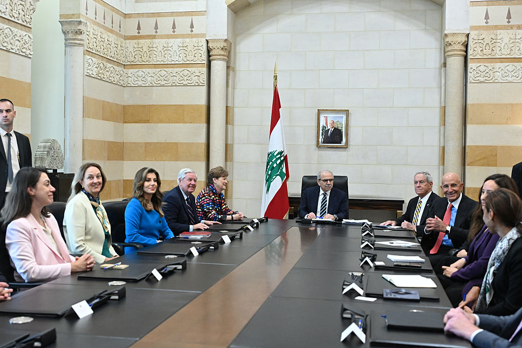 US ambassador to Turkiye and Special Envoy for Syria Tom Barrack (3rd R), Deputy Special Envoy to the Middle East Morgan Ortagus (3rd L), US senators Jeanne Shaheen (5th L) and Lindsey Graham (4th L) and attend a meeting with Lebanese Prime Minister Nawaf Salam (C) in Beirut, Lebanon on August 26, 2025. (Photo by Houssam Shbaro/Anadolu via Getty Images) - Morgan Ortagus Gallery Image