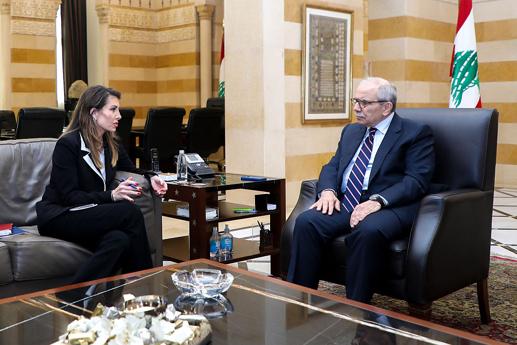  Lebanon's Prime Minister Nawaf Salam (R) meeting with US Deputy Special Envoy for the Middle East Morgan Ortagus in Beirut. American Middle East envoy Morgan Ortagus arrived late on October 27 in Beirut, where she is scheduled to meet Lebanese leaders. She will also attend a meeting of the ceasefire monitoring mechanism that brings together Lebanon, Israel, the US, France and the UN. (Photo by Lebanese Government Press Office / AFP) (Photo by -/Lebanese Government Press Office/AFP via Getty Images) - Morgan Ortagus Gallery Image